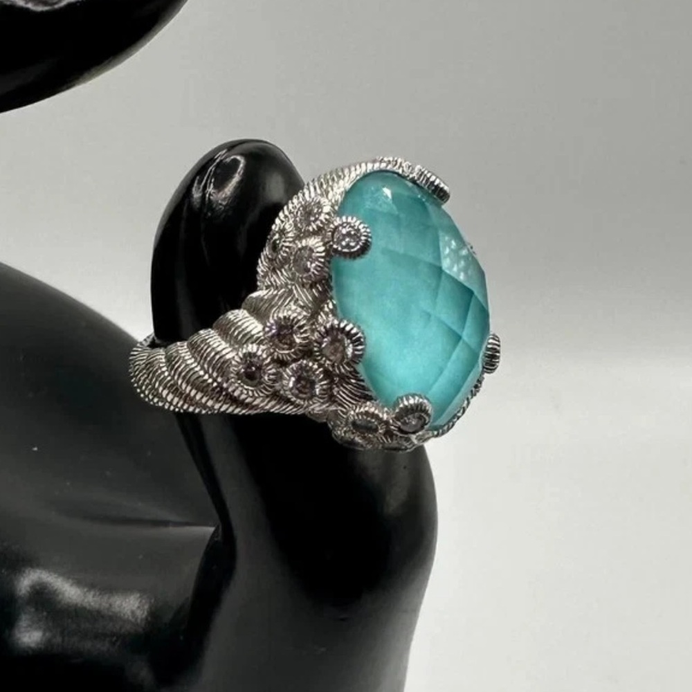 Judith Ripka Sterling Oval Turquoise and Quartz Doublet Cocktail Ring 5.75 - Picture 9 of 16